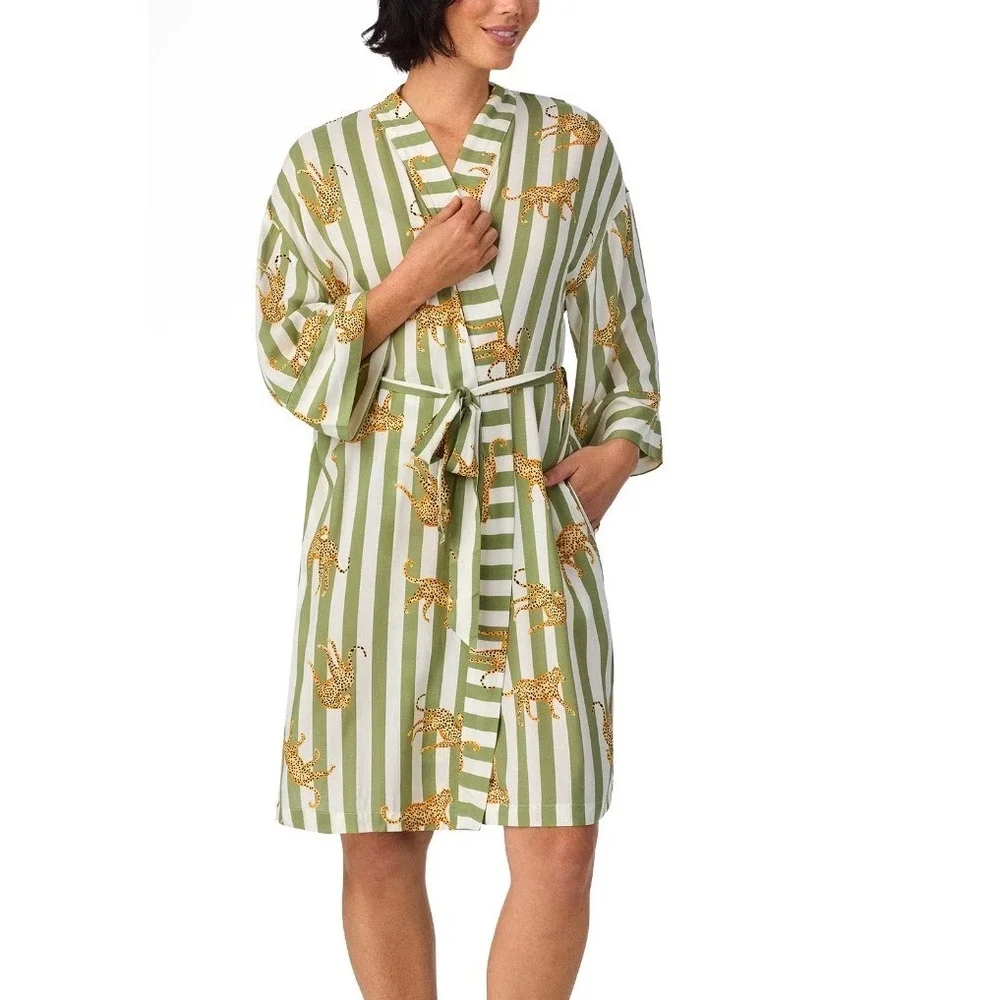 Room Service XL Robe Women Green White Striped Cheetah Animal Print